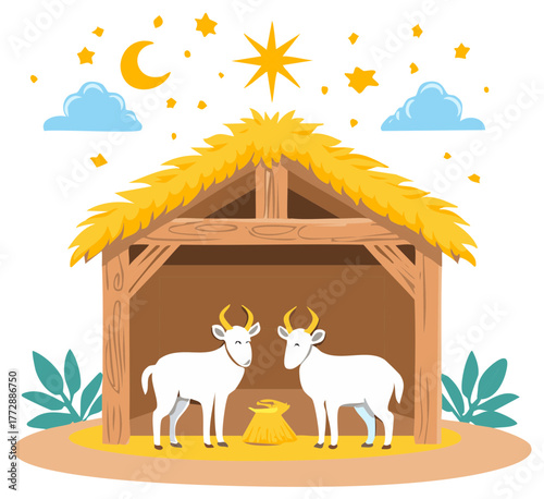 Illustration of cartoon stable with animals, stars, and clouds for seasonal celebration.