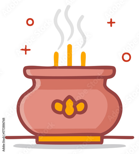 Red Pot with Incense Sticks and Smoke for Luck Illustration