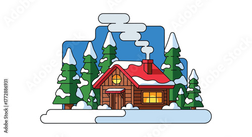 Charming winter cabin nestled amongst snow covered evergreen trees and mountains