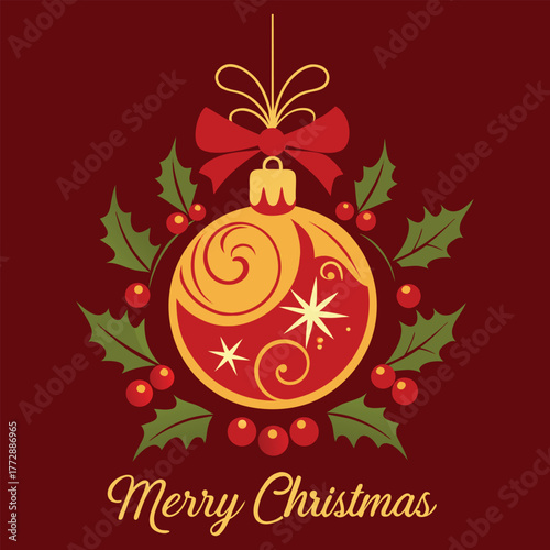 Elegant Christmas Card Vector Golden Bauble Red Background Holiday Greeting