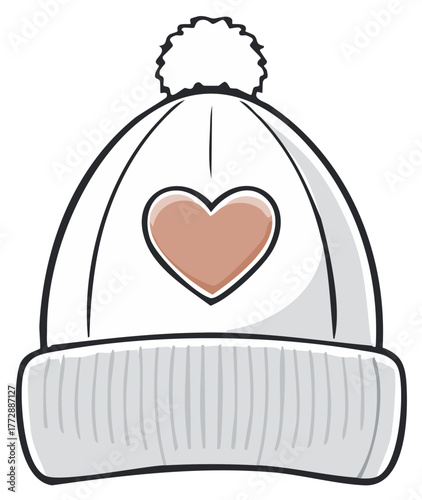 Winter Hat with Heart, Stylish Warm Headwear for Cold Weather, Knitted Pom Pom Beanie for Holiday Season