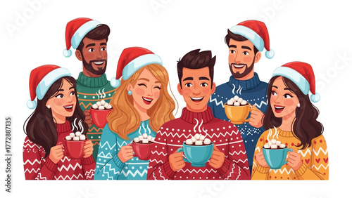 Warm Holiday Cheer: A festive group of individuals, adorned in matching Santa hats and cozy sweaters, share in the joy of the holiday season, holding mugs filled with warm cocoa.