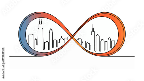 City of boundless potential: A minimalist artistic interpretation of a cityscape interwoven within the infinity symbol, embodying endless growth and infinite opportunity. 