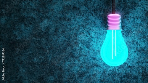 A glowing blue light bulb hanging against a textured dark background, casting a captivating, modern aura