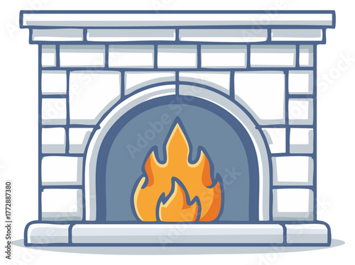 Cartoon illustration of a stone fireplace with orange flames burning.