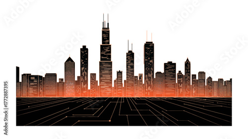 Urban Symphony: A striking city silhouette against a vibrant, dynamic background, evoking the rhythm and pulse of metropolitan life.