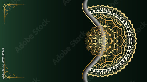Elegant mandala pattern with golden ornate details on a deep green background, symbolizing spirituality and tradition.