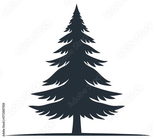 Simple graphic silhouette of a tall evergreen conifer pine tree nature symbol for winter and forest designs
