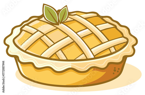 Sweet homemade fruit pie illustration with lattice crust and decorative green leaves, delicious baked dessert