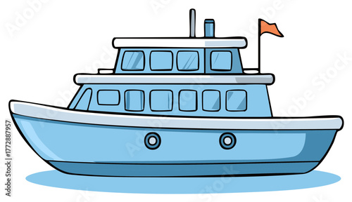 Cartoon blue boat with orange flag and windows