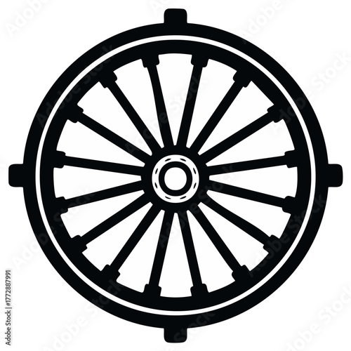 Black and White Illustration of a Wagon Wheel with Spokes and Center Hub