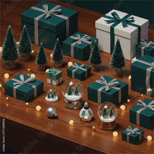 A festive arrangement of green and white gift boxes, miniature Christmas trees, and snow globes on a wooden table with string lights, conveying a holiday and cozy mood.