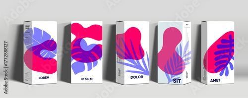 A set of five modern product packaging designs featuring abstract shapes in vibrant pink and purple hues. Each box displays unique artistic patterns, creating a visually appealing and contemporary