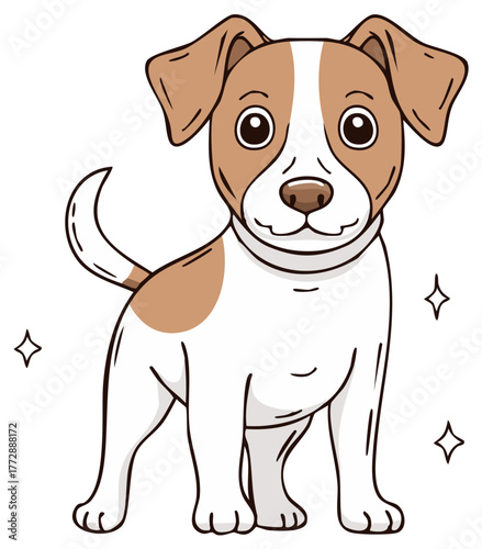 A cute cartoon illustration of a friendly Jack Russell terrier puppy standing with big eyes and sparkles