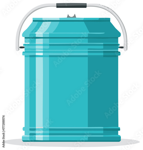 Turquoise metal milk can with handle, classic dairy storage container on white background