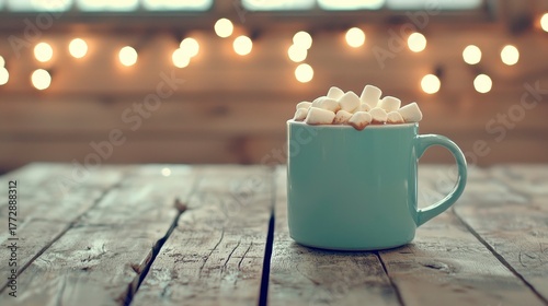 Warm cup of cocoa topped with fluffy marshmallows against a cozy bokeh background with soft twinkling lights