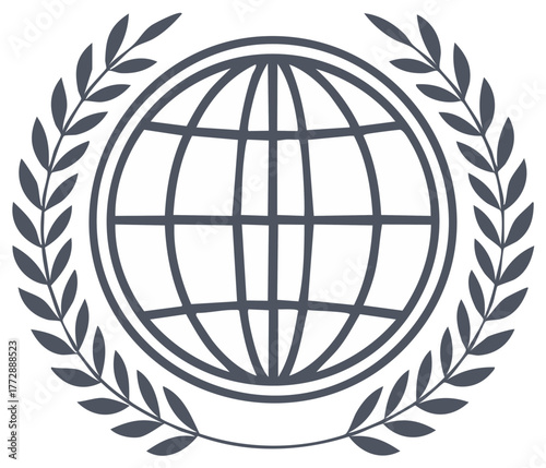 Globe and laurel wreath emblem icon symbolizing international peace, victory, and global unity