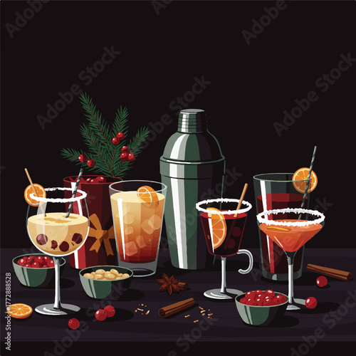 Still life of assorted festive cocktails with garnishes on a dark background with holiday spices and decorations.