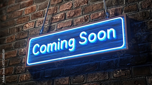 Bright neon sign reading 'Coming Soon' against a textured brick wall for promotional purposes