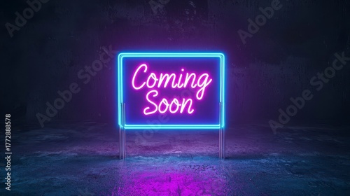 Bright neon sign reads coming soon in a vibrant setting, perfect for promoting upcoming events or launches