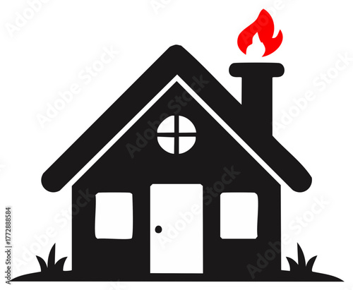 Black silhouette of a house with flames coming out of the chimney and grass below