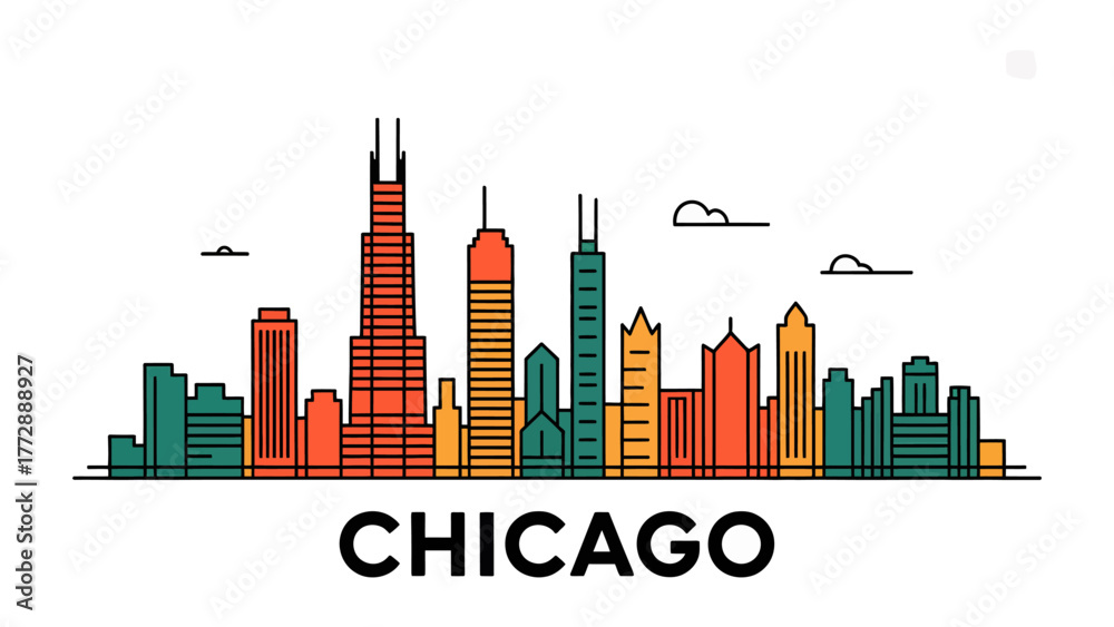 Fototapeta premium Chicago Skyline: A vibrant city skyline, a testament to modern urban architecture, showcased in a dynamic linear outline, representing the iconic cityscape of Chicago.