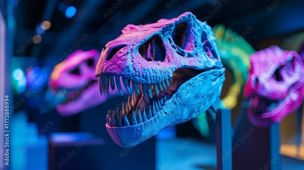 Naklejka premium Vibrant dinosaur skull displays in a modern museum exhibit featuring colorful lighting and educational themes