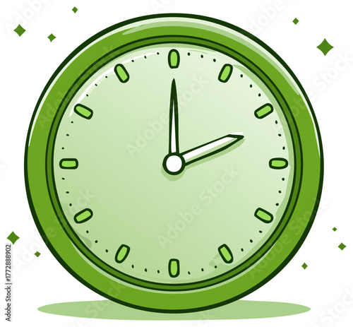 Vibrant green cartoon clock with sparkles symbolizing time management and punctuality