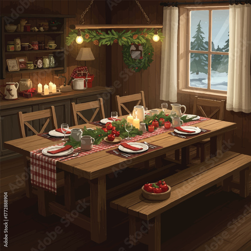 Cozy rustic dining room table set for Christmas dinner with candles and evergreen garland on a snowy winter day.