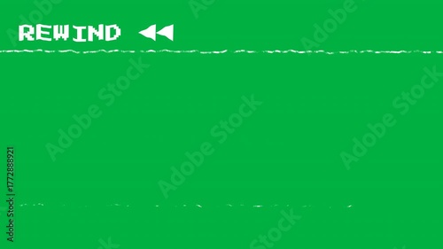 Retro VCR rewind animation with glitch static effect on a green screen. Animated 