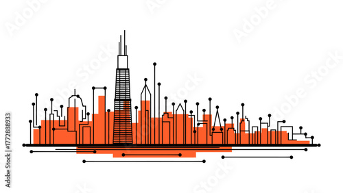 City Skyline: A modern cityscape is depicted in an abstract design, celebrating the unique forms and characteristics of urban life.