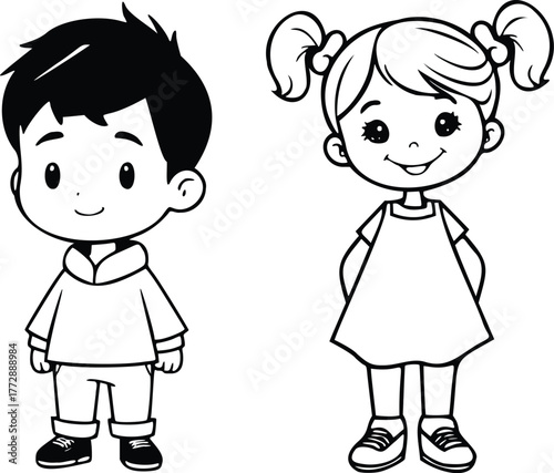 A charming black and white illustration of a cute cartoon boy and girl standing side-by-side, perfect for children's themes and designs isolated on transparent background.