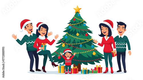 Holiday Gathering by the Tree: A family revels in the festive spirit of Christmas, gathered joyfully around a beautifully adorned tree, filled with anticipation and merriment.