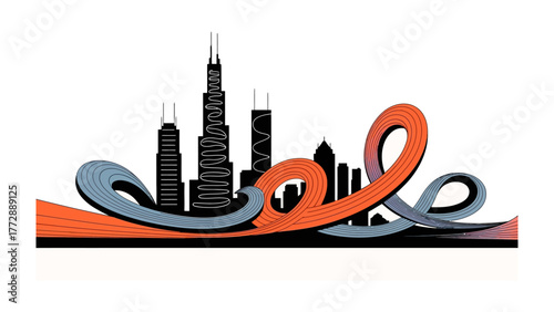 Cityscape in Graphic: A stylized city skyline, featuring iconic skyscrapers and architectural wonders, is depicted in a bold graphic design.
