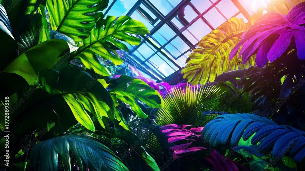 Fototapeta premium Lush tropical foliage with vibrant colors illuminated by sunlight in a greenhouse setting