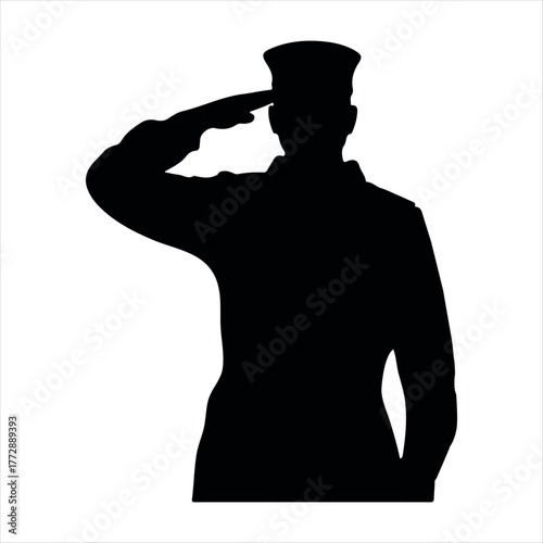 Silhouette of a soldier in uniform saluting with a white background representing honor and respect