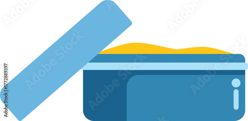 Blue lunch box open showing food container inside ready for school or office break