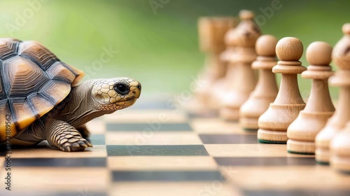 A tortoise contemplating a chess strategy amidst wooden pawns on a blurred green background