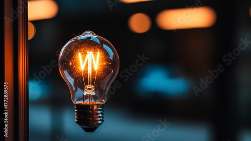 A glowing incandescent light bulb with a vintage design, showcasing warm illumination against a blurred backdrop.