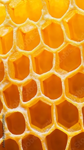 Close-up view of a vibrant honeycomb showcasing intricate hexagonal patterns and rich golden hues