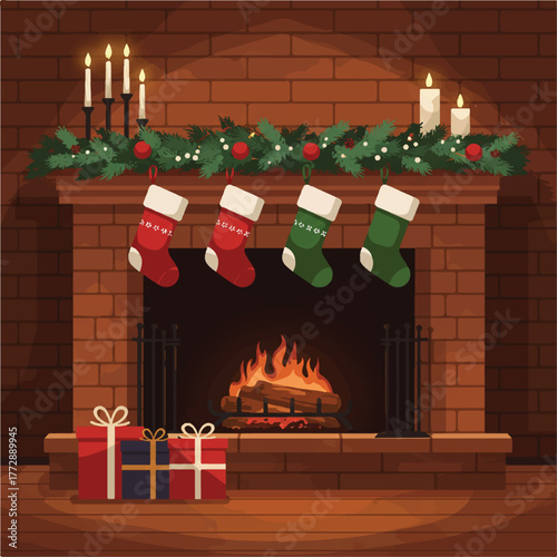 Christmas stockings hang by a brick fireplace with presents and a warm fire burning inside.