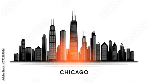 Chicago Skyline Silhouette: The striking silhouette of the Chicago skyline, a symbol of urban ambition and architectural grandeur, illuminated by a warm, inviting glow.
