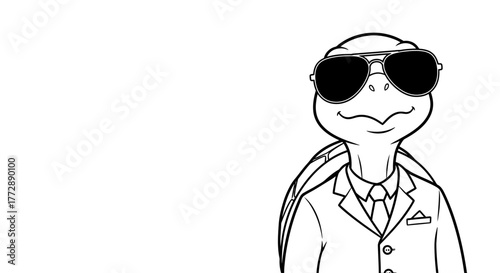 Cartoon Turtle Character in Suit and Sunglasses Line Art