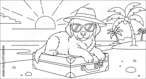 Cool Dog Vacation Coloring Page: Pup on Suitcase at Beach