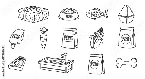 Black and White Animal Food Icons: Hay Bale, Feed Bowl, Fish, Bone