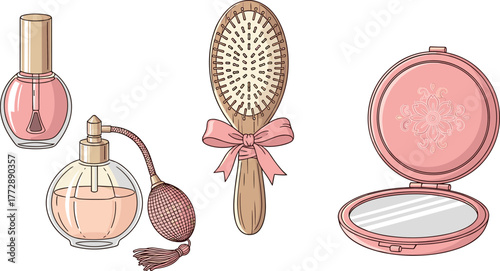 Illustration of nail polish, perfume bottle, hair brush, and compact mirror on transparent background