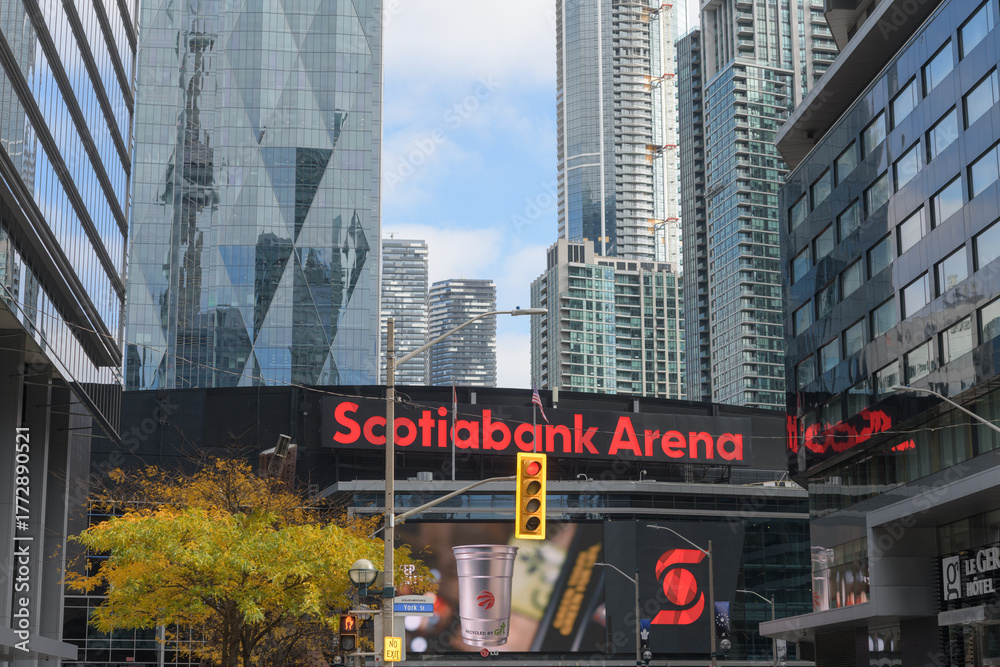 Fototapeta premium looking east to Scotiabank Arena (Maple Leaf Square entrance) at Bremner Blvd, Toronto