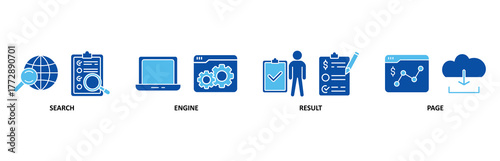 SERP icon set In Blue Style, Vector Illustration for search engine result page with icon of web search, computer, search engine, mobile search, page result, and statistics graph