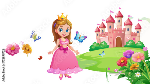 A lovely 3D cartoon girl princess wearing sparkling pink gown and crown, standing in a magical castle garden with butterflies and flowers