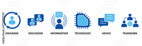 Communication icon set In Blue Style, Vector Illustration for exchange, discussion, information, technology, advice, and teamwork
